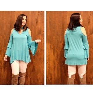 XSOLDX Aqua Double Ruffle Cold Shoulder Top